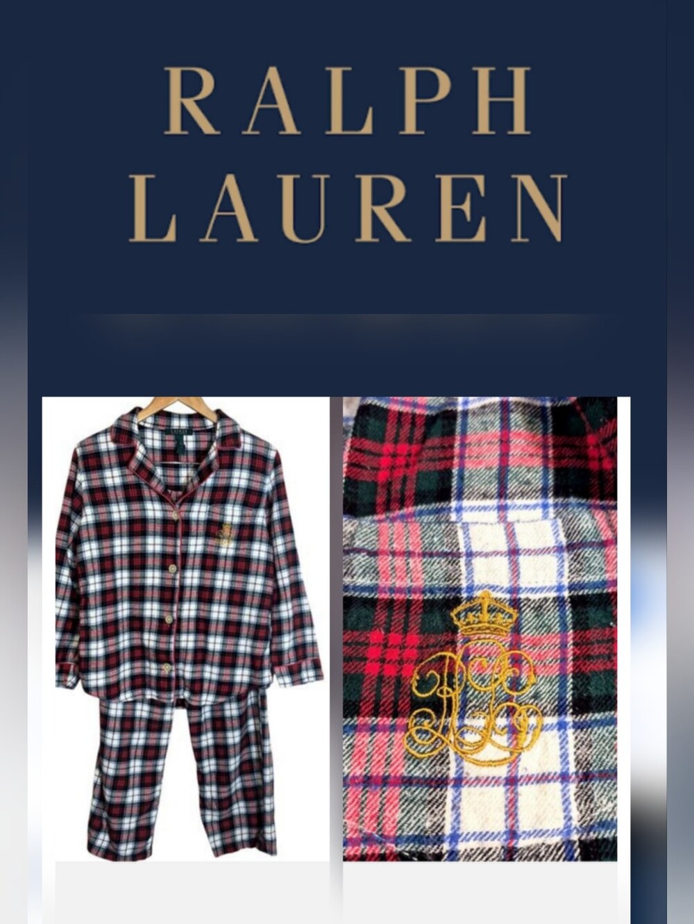 Vintage Ralph Lauren Red and Green Black Plaid Flannel PJS Pajama Set Gold Crest